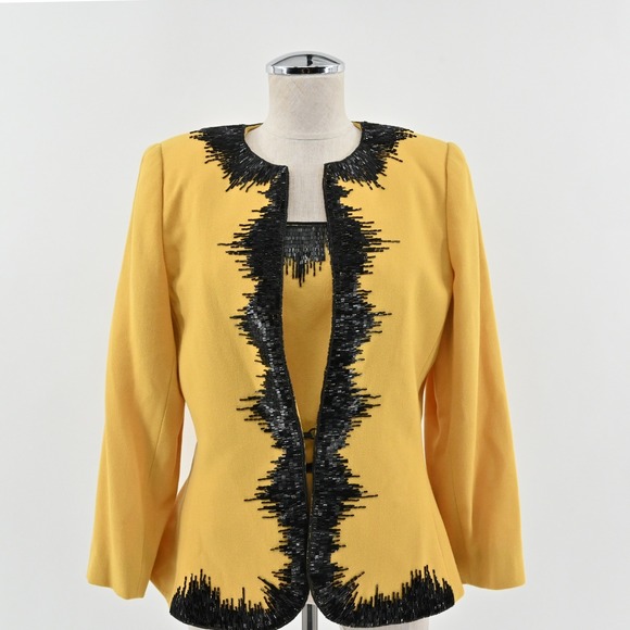 Nolan Miller Jackets & Blazers - Vtg Nolan Miller Wool Beaded Jacket Tank Set Size 8 Yellow Retro Glam Hong Kong‎